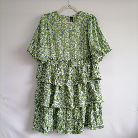 Y2K Code X Mode Womens Green Floral Print Ruffle Layered Fit & Flare Dress Sz L - Picture 1 of 7